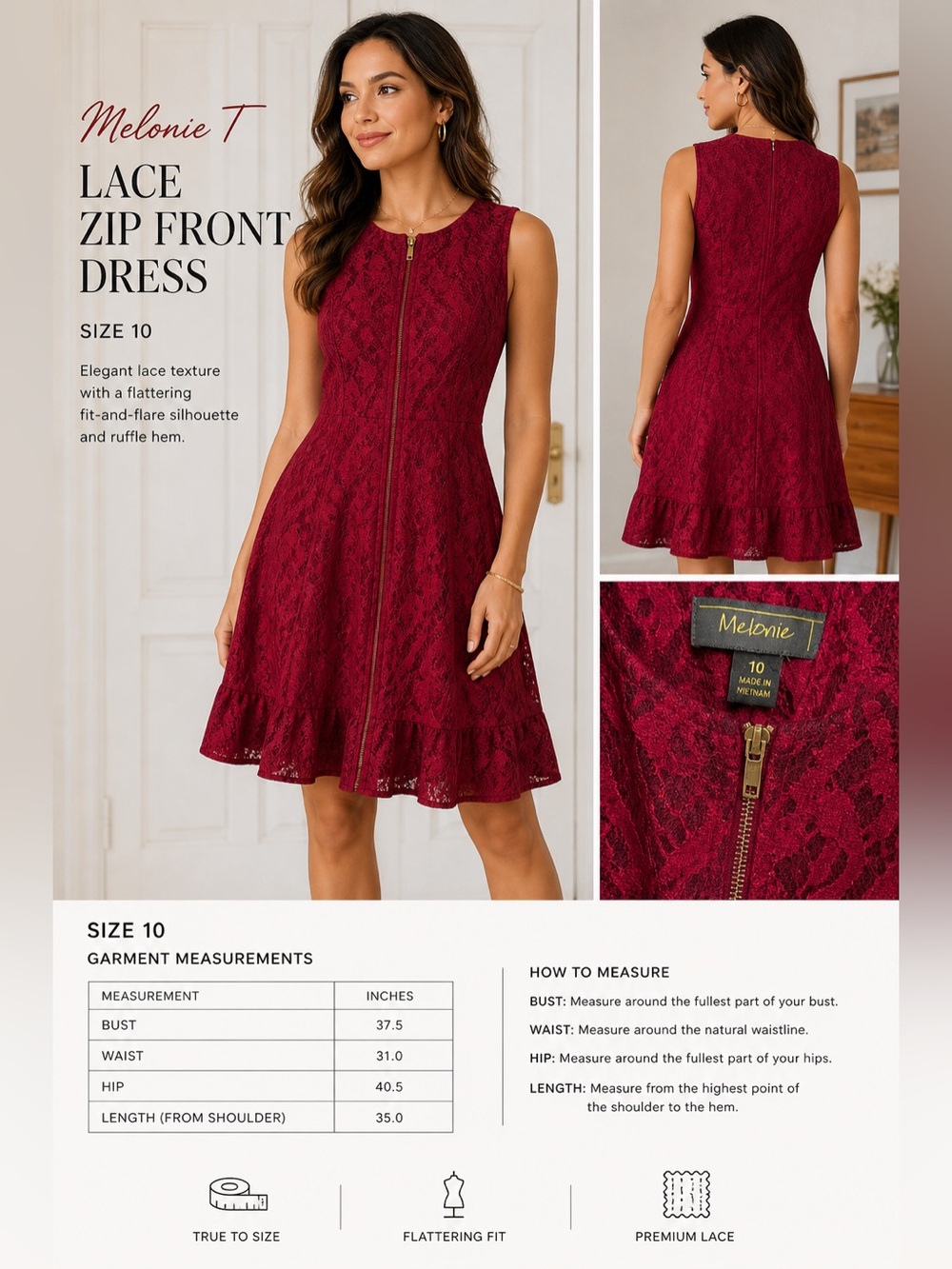 Melonie T Sleeveless Lace Zip-Front Mini Dress in Burgundy